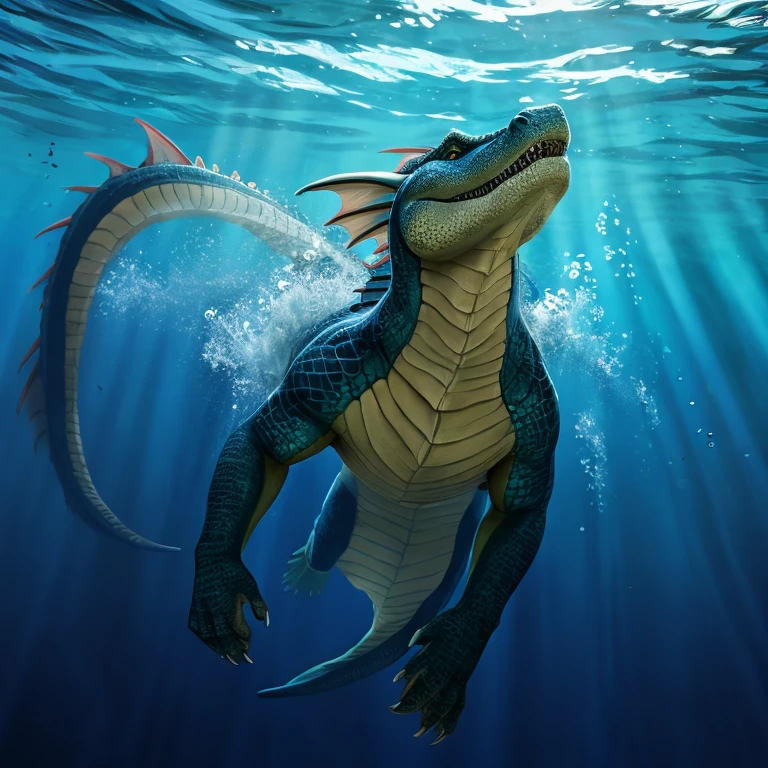 Underwater, deep underwater, ocean depths, looking up, aquatic dragon swimming overhead, looking at dragon from below, body like an alligator, large powerful tail, swimming with tail, wide shot, breathtaking, gorgeous
