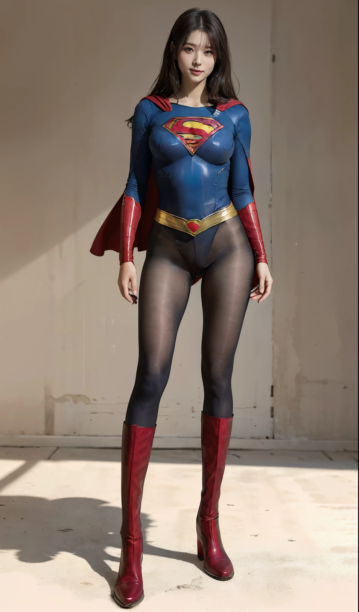 No background、(((Beautiful legs in black tights.)))、(((Legally express the beauty of your smile)))、((((Make the most of your original images)))、(((Supergirl Costume)))、(((Beautiful Hair)))、(((suffering)))、(((Please wear black tights....、Wear red boots)))、((Best image quality、8K))、((highest quality、8K、masterpiece:1.3))、(((Preserve background )))、Sharp focus:1.2、Beautiful woman with perfect figure:1.4、Thin abdominal muscles:1.2、Wet body:1.5、Highly detailed face and skin texture、8K