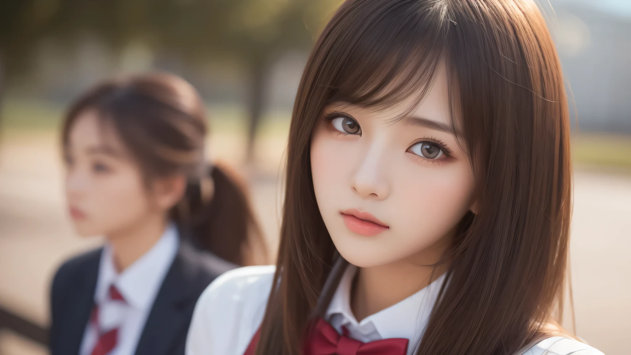 (2girl), chest bulge, (extremely detailed beautiful face), (highly detailed eyes, highly detailed face), (high school uniform), Fresh, very clean appearance, (best Quality:1.4), (hyper-realistic, hight resolution), Professional Photography, standing, Outdoors, Close up portrait of girl, staring at me, (Fine face:1.2),