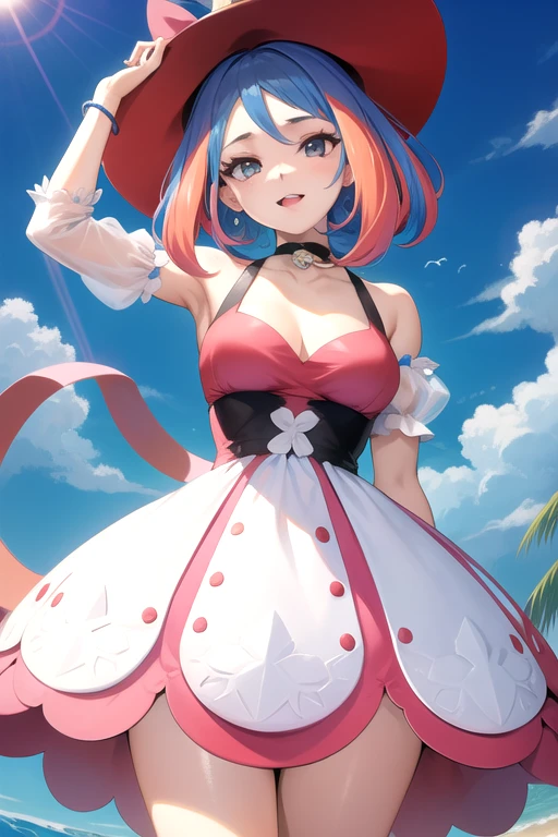 Une femme, 25 ans, mangas, cheveux longs, cheveux multicolores, beaucoup de Détails, dresseuse de pokemon