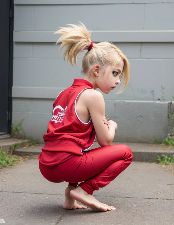 cute, small, (child:0.5), sarugaki hiyori, , barefoot, blonde hair, yellow eyes, (twintails:1.1), small breasts, open jacket, red jacket, white shirt, sleeveless, red track pants, 1girl, solo, back view, squatting