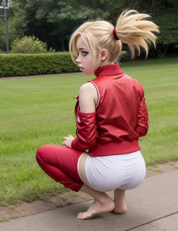 cute, small, (*****:0.5), sarugaki hiyori, , barefoot, blonde hair, yellow eyes, (twintails:1.1), small breasts, open jacket, red jacket, white shirt, sleeveless, red track pants, 1girl, solo, back view, squatting 