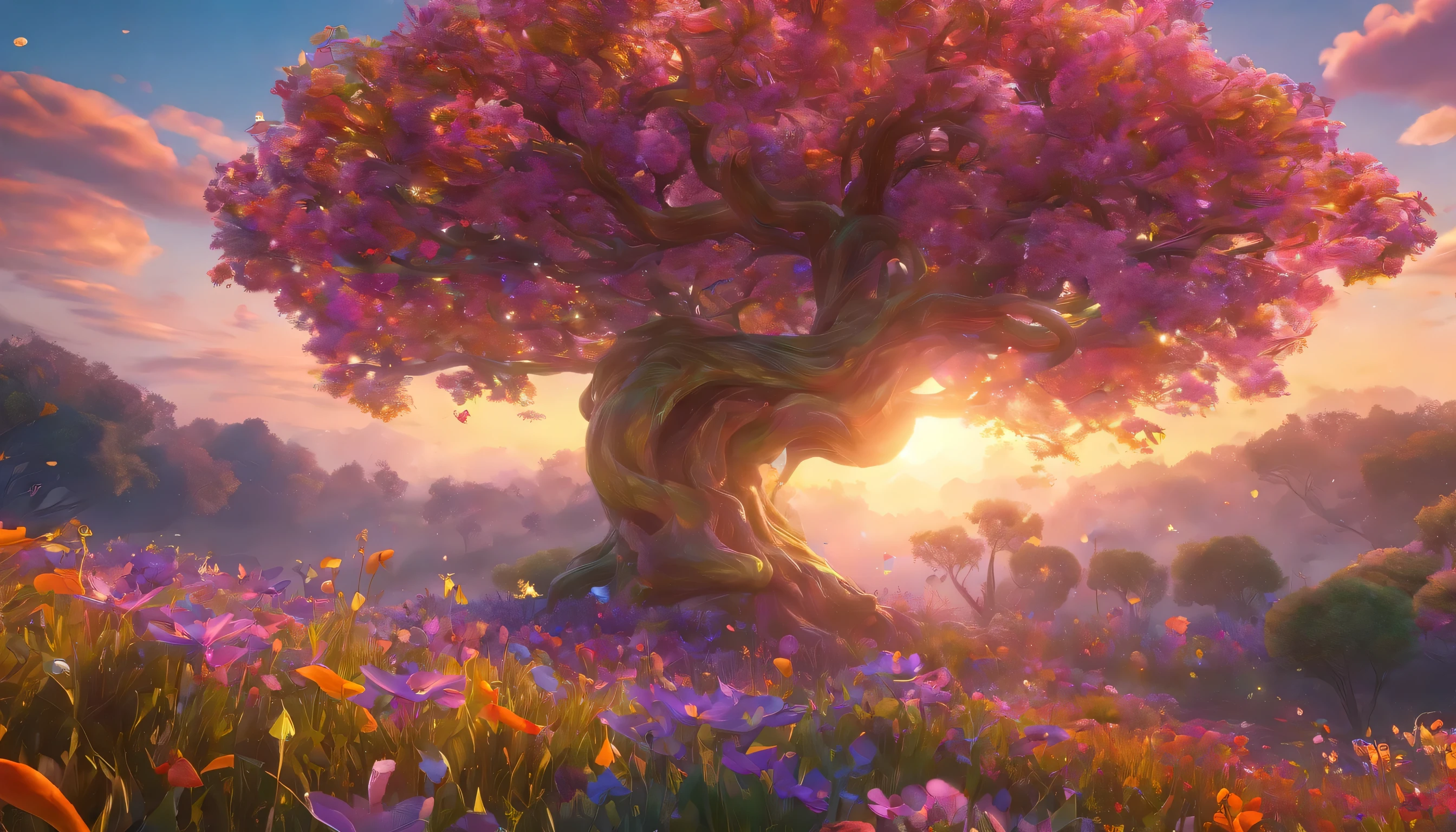 In a magician, Ethereal Kingdom, A field of wildflowers unfolds before you. Each flower is a masterpiece of nature, with petals that glow in colors and magical shapes that defy logic. A delicate violet has petals that resemble crystallized butterfly wings, while a vibrant orange displays spiraling petals that appear to swirl like swirls of fire. No horizonte, a majestic tree appears, His imposing presence echoing an ancient guardian. Its branches reach into the sky like the tentacles of a mystical creature, cada um cravejado de gemas brilhantes que irradiam uma luz suave, Creating a Heavenly Vision.