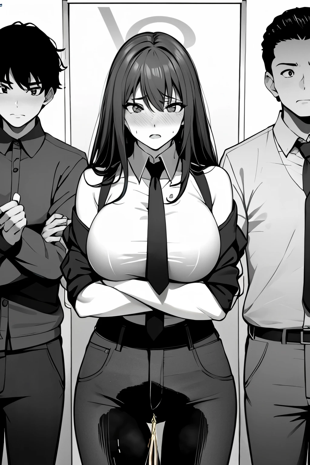 A woman with long black hair, wearing a business outfit consisting of a suit and tight pants, stands in a monochrome setting. The artwork is inspired by manga and incorporates a doujin style. The woman appears to be (wetting herself:1.5), which causes her to feel embarrassed and humiliated, resulting in a blush on her face. In addition, there is an air of anger in her expression. The lighting in the scene is moody, with a spotlight highlighting the woman's figure. She is crossing her arms, (arms crossed:1.5), fully showcasing tight pants., medium breasts