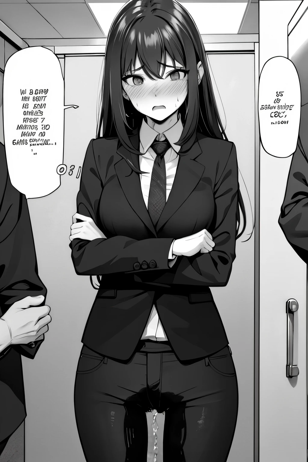 A woman with long black hair, wearing a business outfit consisting of a suit and tight pants, stands in a monochrome setting. The artwork is inspired by manga and incorporates a doujin style. The woman appears to be (wetting herself:1.5), which causes her to feel embarrassed and humiliated, resulting in a blush on her face. In addition, there is an air of anger in her expression. The lighting in the scene is moody, with a spotlight highlighting the woman's figure. She is crossing her arms, (arms crossed:1.5), fully showcasing tight pants., medium breasts