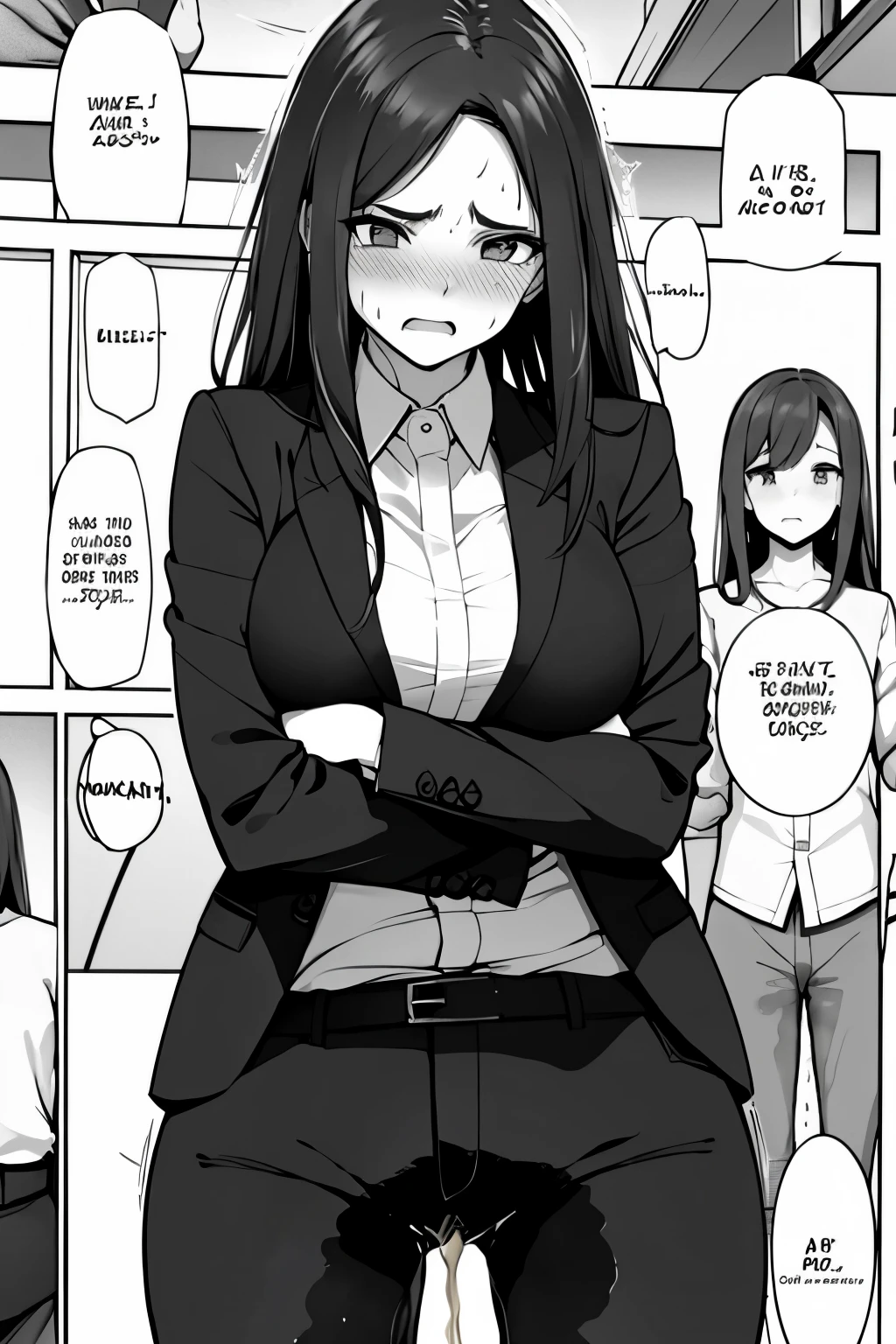 A woman with long black hair, wearing a business outfit consisting of a suit and tight pants, stands in a monochrome setting. The artwork is inspired by manga and incorporates a doujin style. The woman appears to be (wetting herself:1.5), which causes her to feel embarrassed and humiliated, resulting in a blush on her face. In addition, there is an air of anger in her expression. The lighting in the scene is moody, with a spotlight highlighting the woman's figure. She is crossing her arms, (arms crossed:1.5), fully showcasing tight pants., medium breasts