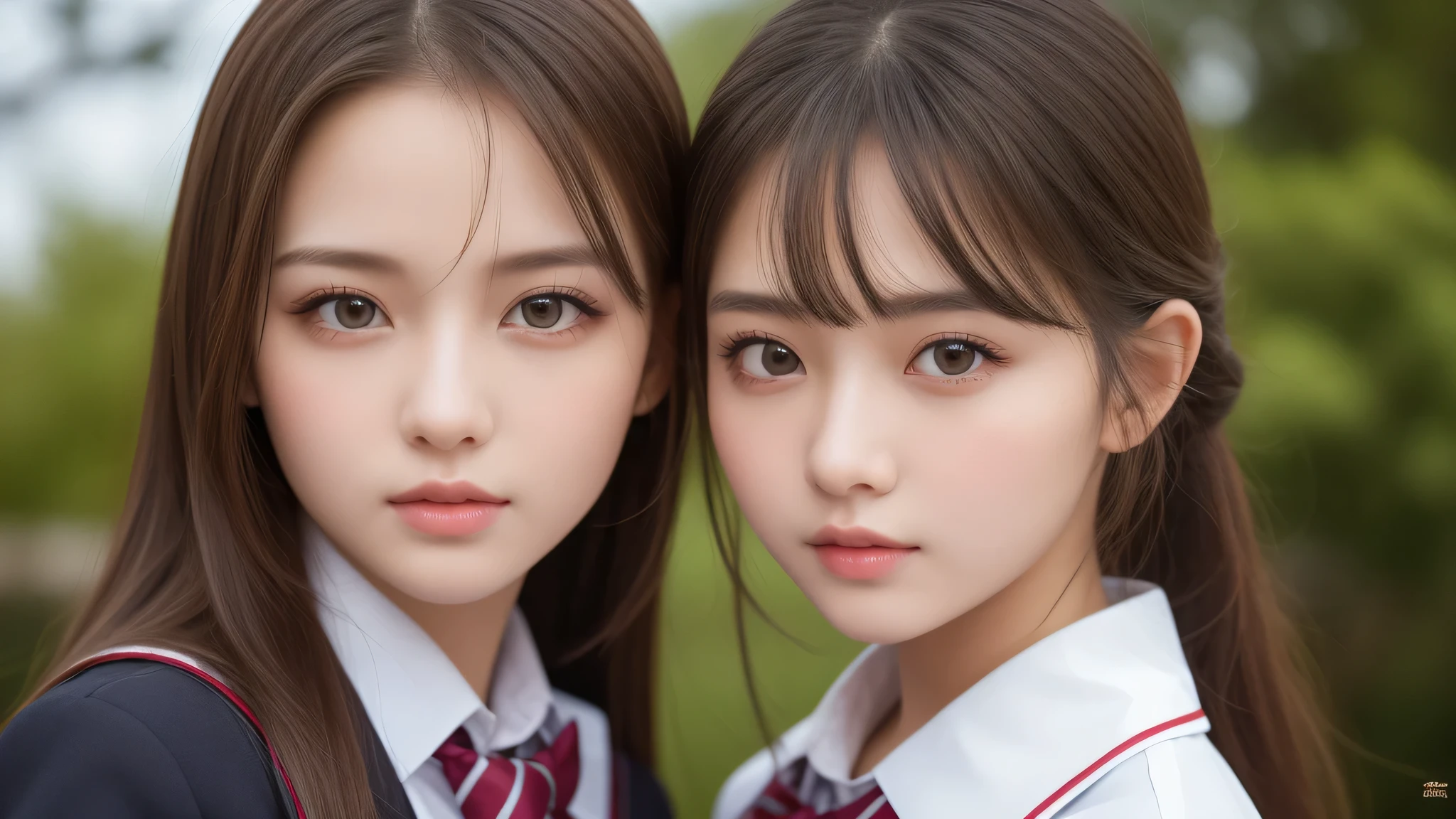 (2girl), big breasts, (extremely detailed beautiful face), (highly detailed eyes, highly detailed face), (high school uniform), Fresh, very clean appearance, (best Quality:1.4), (hyper-realistic, hight resolution), Professional Photography, standing, Outdoors, Close up portrait of girl, staring at me, (Fine face:1.2),