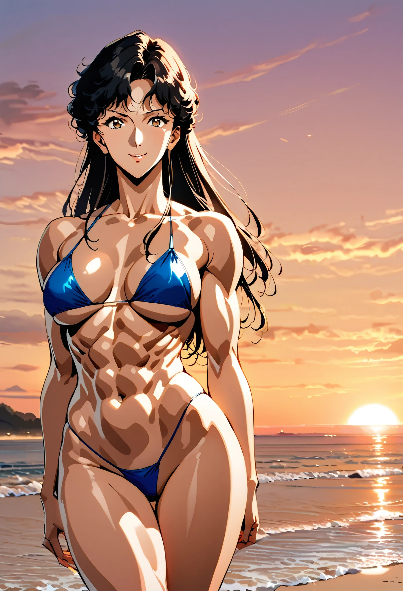 one  sexy girl 26 years old, hitomi kisugi,  azure thong bikini, standing tall and dominant, self confident ,smiling smug, superb, sensual, ((fit and trained body with well defined muscles)), posing , dark haired, strong, long legged , beach, teasing, sunset, chiseled abdomen