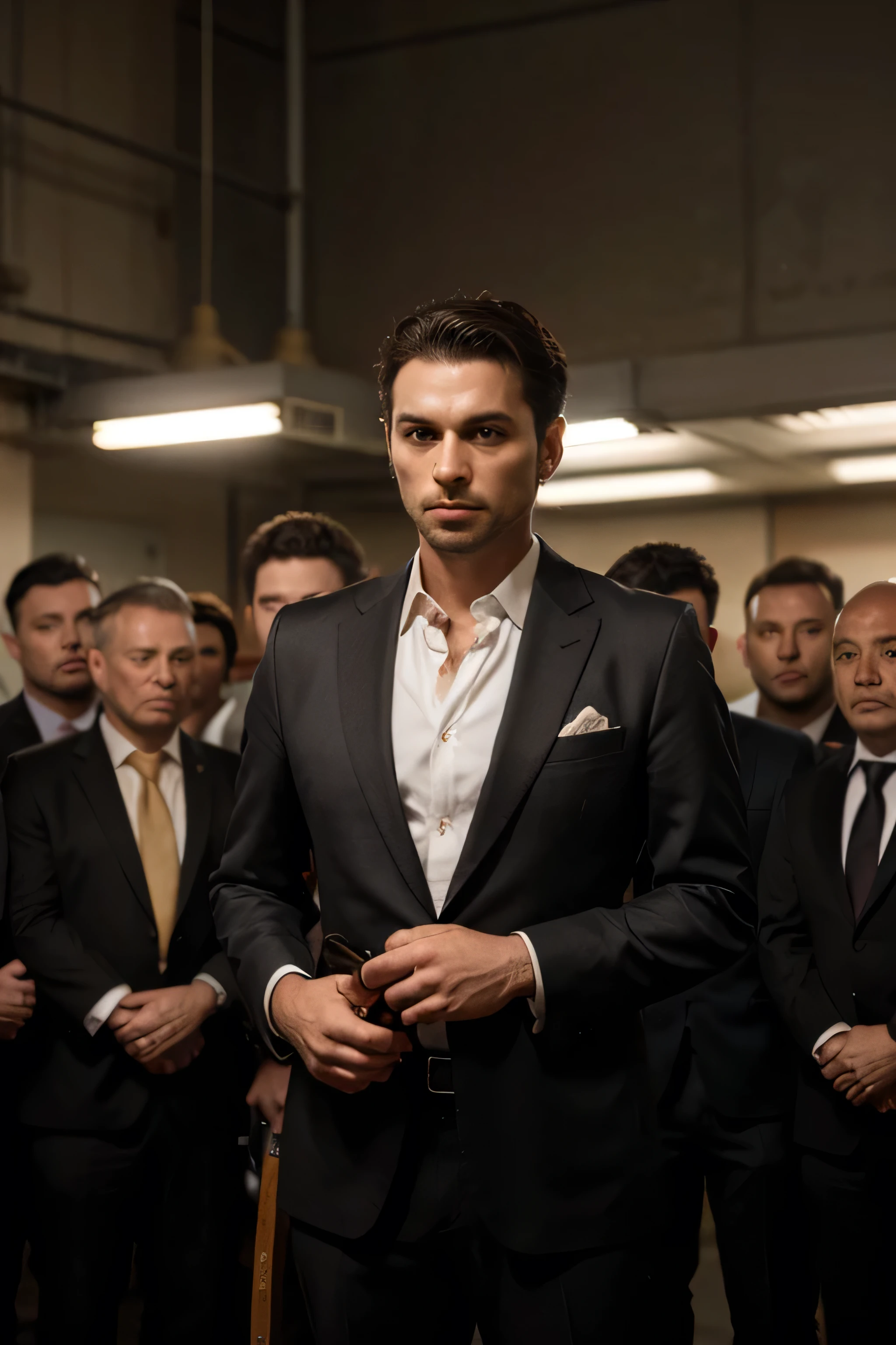 A man captain in a suit with katana in his hand and an army of several men dressed in suits behind him, obra de arte, melhor qualidade
