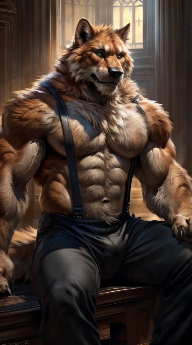 4k, high resolution, best quality, perfect colors, perfect shadows, perfect lighting, ((full bodyportrait)), posted on e621, furry body, solo, anthro orange werewolf, (monotone orange fur:1.3), male, black beard, white chest fur, adult (using black pants, using suspenders, no shirt), (heavily muscular, manly, brutal, masculine:1.4), green eyes, realistic eyes, masculine, (muscular, dense build:1.4, muscular shoulders, strong pecs), playing the piano, singing, sitting on a bench in front of the piano (Grand piano), sitted, sit down, majestic, brutal, confident, podium escenary, (photorealistic detailed fur, epic, masterpiece:1.2), (by Taran Fiddler, by Chunie, by Rukis, Bonifasko lighting), claws on hands, (photorealistic fur, detailed fur, epic, masterpiece:1.2), sexy shadows, (by echin, by Taran Fiddler, by takemoto arashi, by Traver009, by Juiceps), (detailed eyes:1.2), impressive physique, serious face, detailed eyes, 