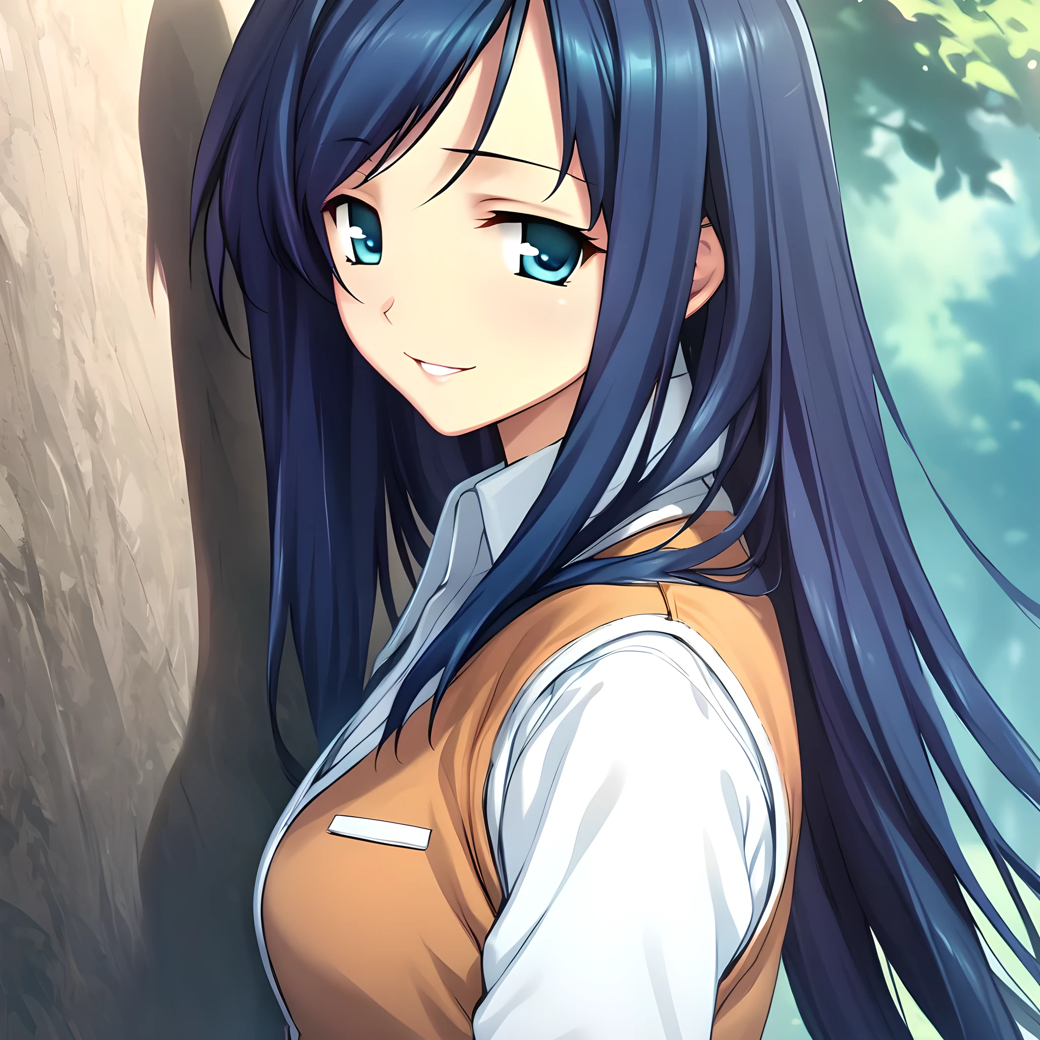 (masterpiece),(best quality),(ultra-detailed),(best illustration),(best shadow),(absurdres),(detailed background),(very aesthetic), Natsuki Kuga, standardoutfit, 1girl, lm blue eyes, long hair, blue hair, skirt, vest, portrait, looking at viewer, seductive smile