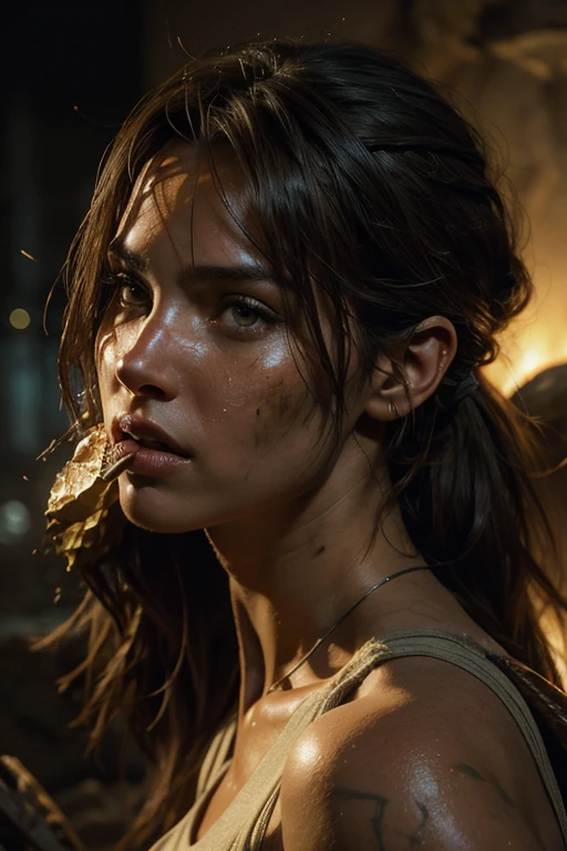 arafed image of a woman with a tissue in her mouth, portrait of mythra, tomb raider beautiful, mythra, muscular sweat mythra, ultra realistic concept art, mythra eating durian, tomb raider, hd artwork, ultrarealistic concept art, emotional concept art, rise of the tomb raider, highly realistic concept art, beautiful digital artwork,public street 21yr old girl