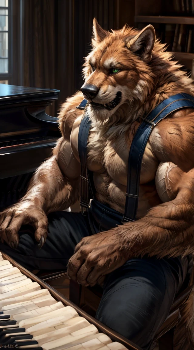 4k, high resolution, best quality, perfect colors, perfect shadows, perfect lighting, ((full bodyportrait)), posted on e621, furry body, solo, anthro orange werewolf, (monotone orange fur:1.3), male, black beard, white chest fur, adult (using black pants, using suspenders, no shirt), (heavily muscular, manly, brutal, masculine:1.4), green eyes, realistic eyes, masculine, (muscular, dense build:1.4, muscular shoulders, strong pecs), playing the piano, singing, sitting on a bench in front of the piano (Grand piano), hands in the piano, beautifull piano, realistic piano, piano in front, sitted, sit down, majestic, brutal, confident, podium escenary, (photorealistic detailed fur, epic, masterpiece:1.2), (by Taran Fiddler, by Chunie, by Rukis, Bonifasko lighting), claws on hands, (photorealistic fur, detailed fur, epic, masterpiece:1.2), sexy shadows, (by echin, by Taran Fiddler, by takemoto arashi, by Traver009, by Juiceps), (detailed eyes:1.2), impressive physique, happy face, detailed eyes,