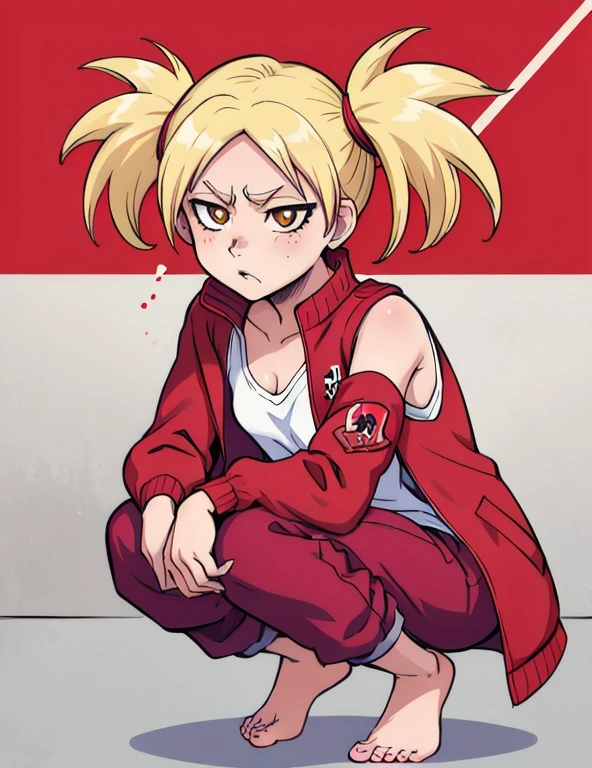 cute, small, (:0.5), sarugaki hiyori, , barefoot, blonde hair, yellow eyes, (twintails:1.1), small breasts, open jacket, red jacket, white shirt, sleeveless, red track pants, 1girl, solo, squatting