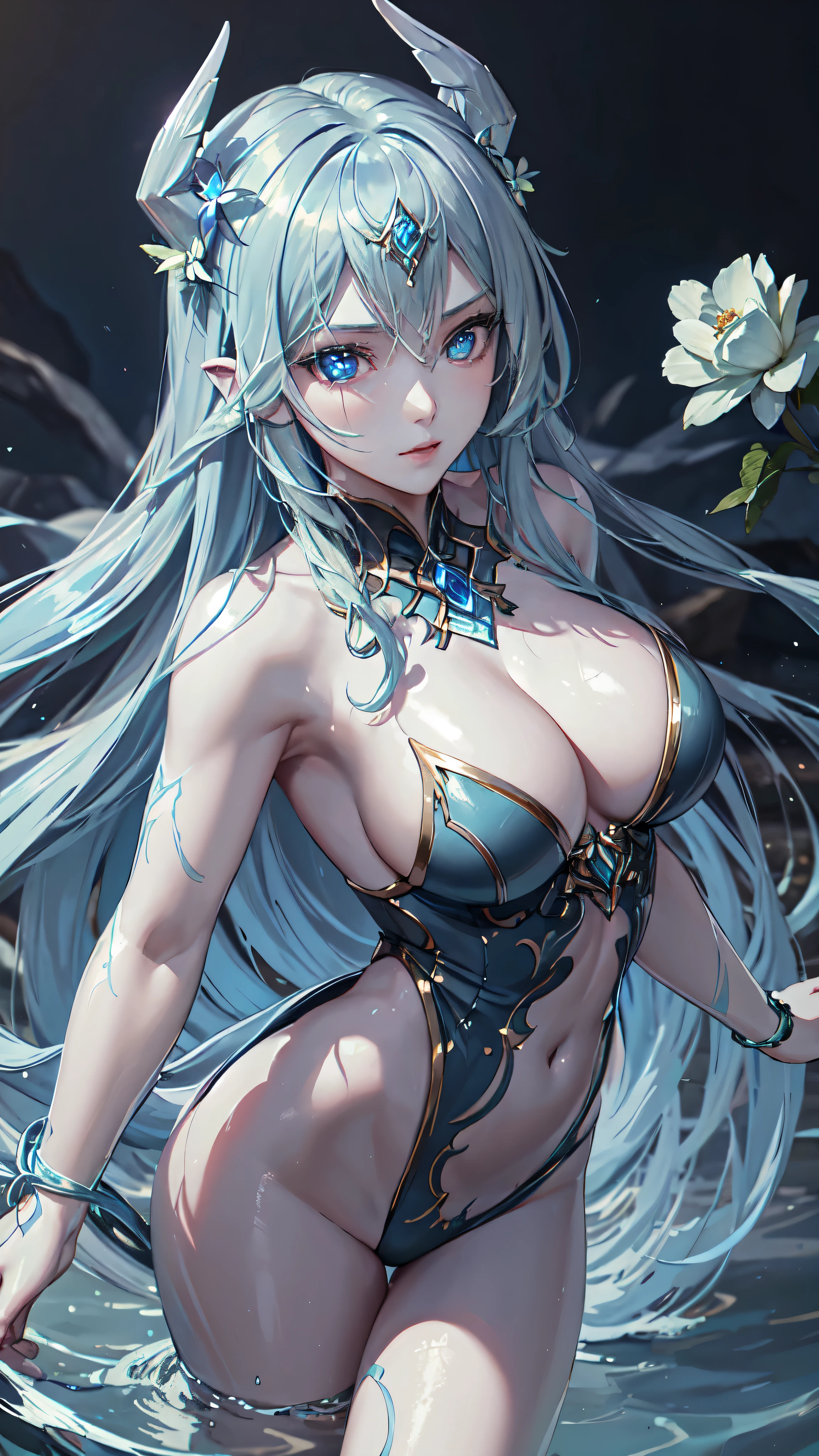 Water Goddess、A beautiful goddess with long light blue hair who freely manipulates water、Combat stance、​masterpiece、realisitic, detailed eyes, detailed hands, detailed face, neon flowers, water,lights