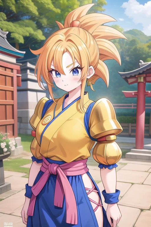 Une femme, 25 ans, mangas, cheveux longs, cheveux multicolores, details, Dragon ball, saiyan, armure de super saiyan, Son Goku cosplay, jardin zen, temple japonais