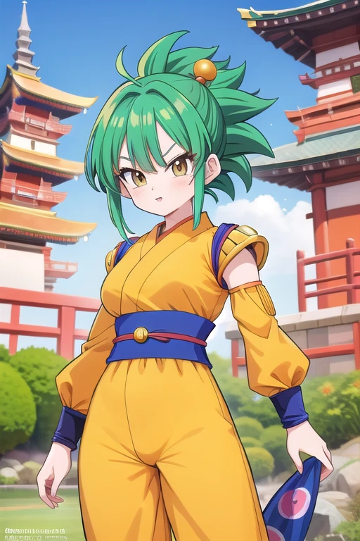 Une femme, 25 ans, mangas, cheveux longs, cheveux multicolores, details, Dragon ball, saiyan, armure de super saiyan, Son Goku cosplay, jardin zen, temple japonais