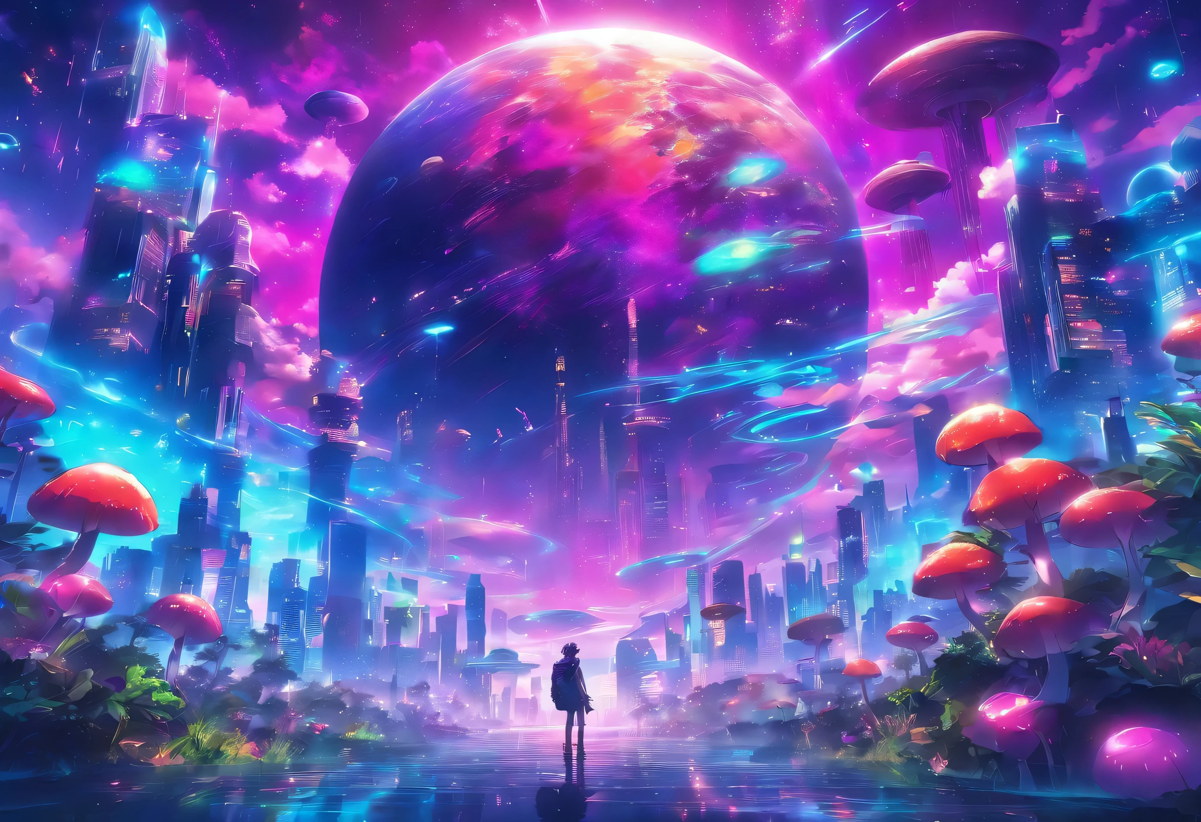 Imagine a planet year is 2251
Future is beautiful, peaceful, filled with plants and strange flowers all over, sunset has planets in the sky, colorful purple, neon green and orange, cyberpunk style, widescreen 8k, hyper realistic, reflection of water, with floating jellyfish and large mushrooms, large roses, with a huge ufo flying in the sun.