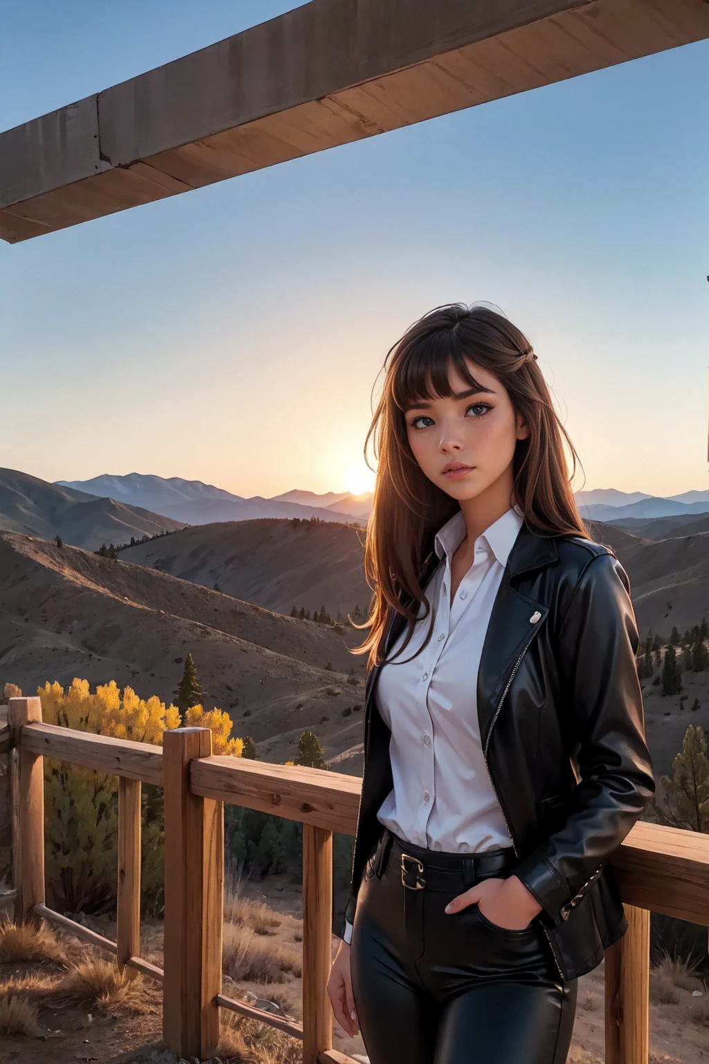 photorealistic style of a brunette with long hair in black leather pants and a plaid shirt against the backdrop of the Colorado Wild West landscape at sunset