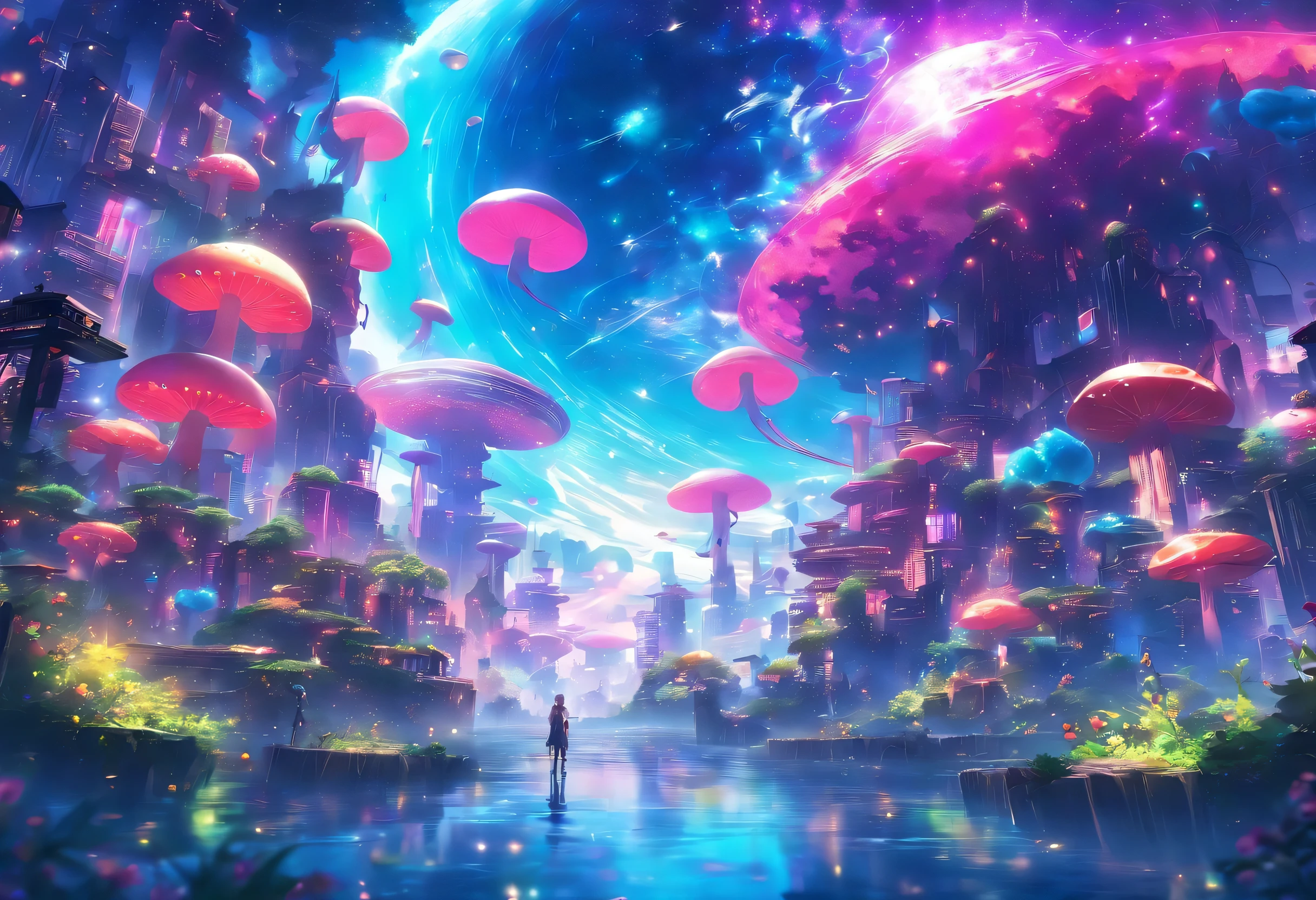 Imagine a planet year is 2251
Future is beautiful, peaceful, filled with plants and strange flowers all over, sunset has planets in the sky, colorful purple, neon green and orange, cyberpunk style, widescreen 8k, hyper realistic, reflection of water, with floating jellyfish and large mushrooms, large roses, with a huge ufo flying in the sun.