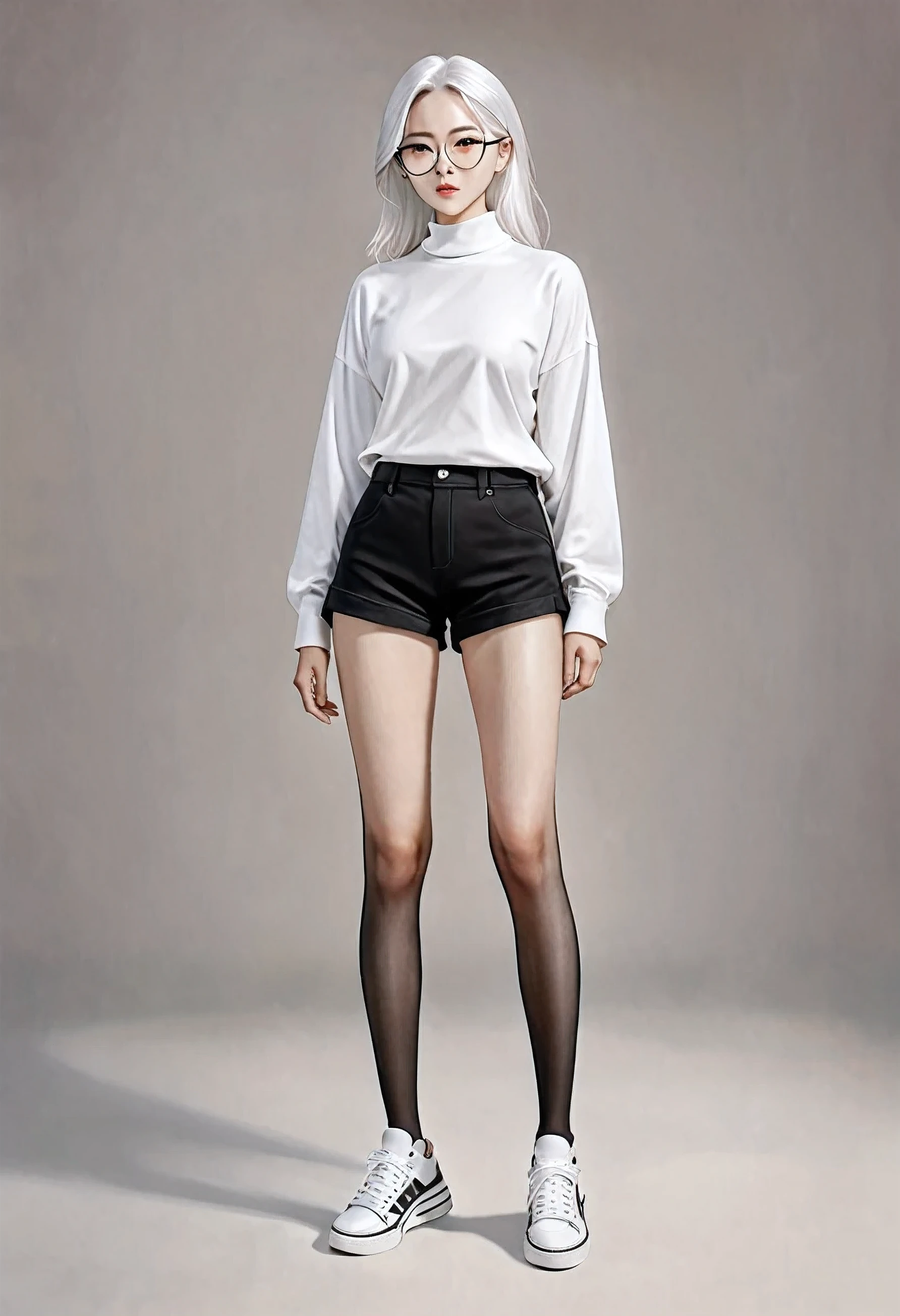 create a female character, with loose medium white hair, retro black glasses, white beard, high-neck and long-sleeved shirt with black ribbed fabric, pants with one side the same short black shorts and white sneakers, realistic
