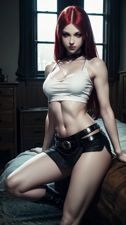 Photorealistic, Ultra realistic, 16k, high quality, cinematic lights, dream atmosphere, dream aesthetic, 1girl, scarlet-red hair, realistic silky hair(red), cute pale-blue eyes (shiny look), long flowing hair(realistic), gothic makeup, pale-white skin illuminated, realistic textured skin, realistic shading, alternative outfit, cleavage, large natural breasts, (blue crop top:1.2), bare shoulders, black midriff, black miniskirt, realistic textures, belt, 16k resolution, detailed face and eyes, muscular female body, strong arms, lean belly, big hips, muscular thighs, thick legs, full body, realistic, style-paintmagic, different positions at different types of angles.