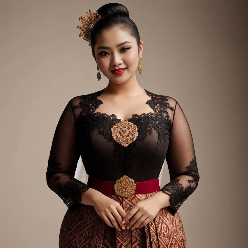 photography, chubby woman, portrait of java wedding woman in black long kebaya dress traditional, red lipstick, golden necklace, earrings, ornate, detail, flowers, street background, soft focus, Breast cleavage, detail, slim body, (((full body))), eyes on camera, face on camera, A beautiful typical Javanese woman with a slightly fat body wearing a plain black classic Javanese kebaya, a brooch in the middle of her chest (gold color) and a traditional Javanese bun, a collared obi, a brown batik sarong skirt with a unique and complicated motif, black high-heeled sandals. background standing in front of white wall.HD