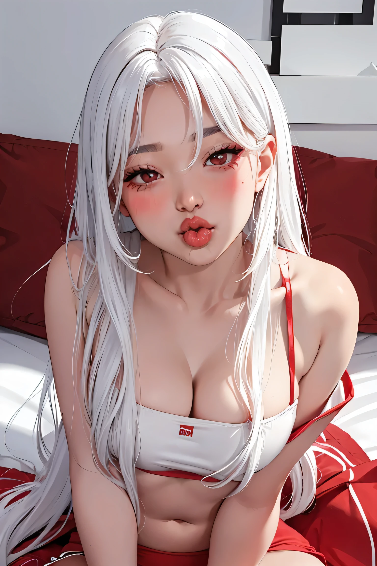 realisticlying、one girl, crop top,,Face enhancement,long hair, Blushing,Red lips,Bed sit,Open your mouth wide、Wearing underwear, white hair, lipgloss, lip focus,