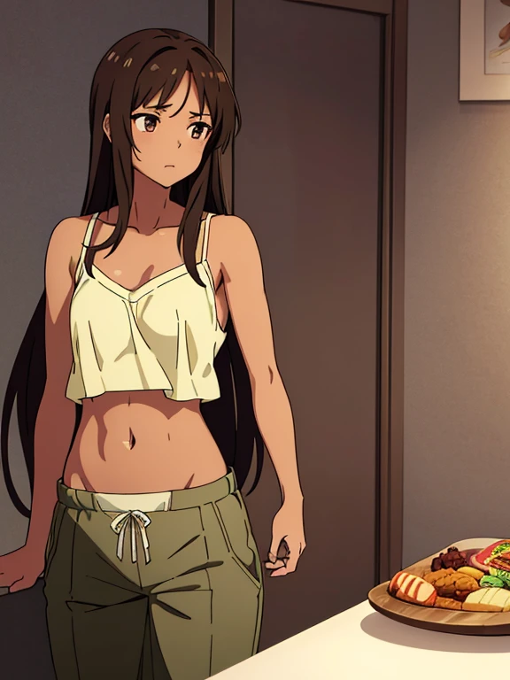(masterpiece, high quality) brown skin anime girl in a lowcut cami top, (trousers), famished in hunger, (lowcut top), (gently resting hands on stomach), (long hair), (hands on her stomach)