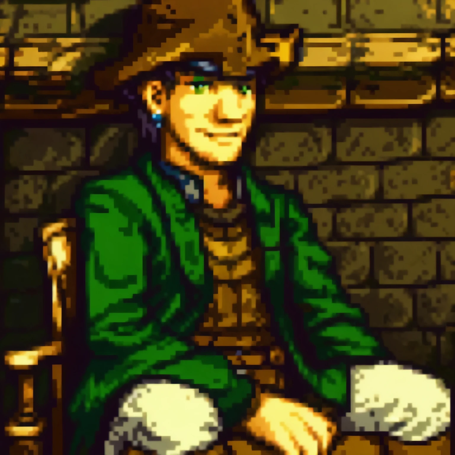 a male pirate character, green hair, sitting down in a tavern, golden hat, ecstatic happy emotion