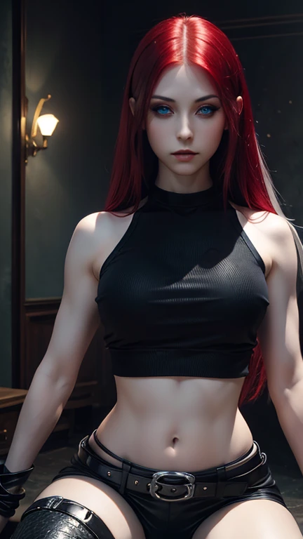 Photorealistic, Ultra realistic, 16k, high quality, cinematic lights, dream atmosphere, dream aesthetic, 1girl, scarlet-red hair, realistic silky hair(red), cute pale-blue eyes (shiny look), long flowing hair(realistic), gothic makeup, pale-white skin illuminated, realistic textured skin, realistic shading, alternative outfit, cleavage, large natural breasts, (blue crop top:1.2), bare shoulders, black midriff, black miniskirt, realistic textures, belt, 16k resolution, detailed face and eyes, muscular female body, strong arms, lean belly, big hips, muscular thighs, thick legs, full body, realistic, style-paintmagic, different positions at different types of angles.