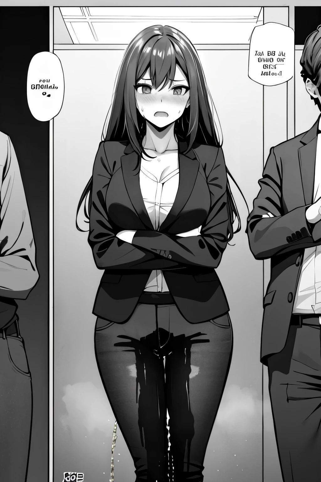 A woman with long black hair, wearing a business outfit consisting of a suit and tight pants, stands in a monochrome setting. The artwork is inspired by manga and incorporates a doujin style. The woman appears to be (wetting herself:1.5), which causes her to feel embarrassed and humiliated, resulting in a blush on her face. In addition, there is an air of anger in her expression. The lighting in the scene is moody, with a spotlight highlighting the woman's figure. She is crossing her arms, (arms crossed:1.5), fully showcasing tight pants., medium breasts