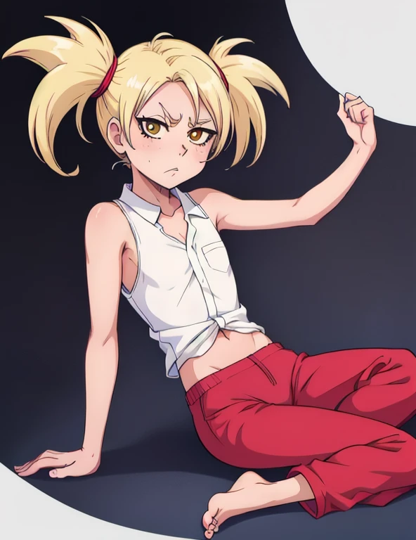 cute, small, (child:0.5), sarugaki hiyori, barefoot, blonde hair, yellow eyes, (twintails:1.1), white shirt, sleeveless, red track pants, 1girl, flat torso,