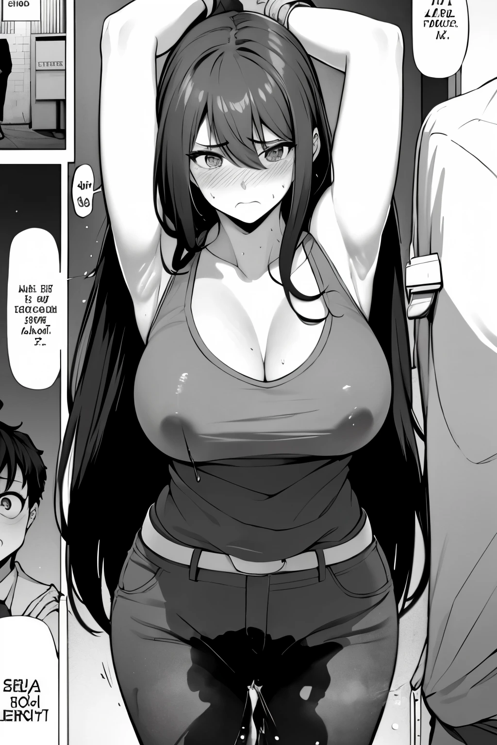 A woman with long black hair, wearing a business outfit consisting of a suit and tight pants, stands in a monochrome setting. The artwork is inspired by manga and incorporates a doujin style. The woman appears to be (wetting herself:1.5), which causes her to feel embarrassed and humiliated, resulting in a blush on her face. In addition, there is an air of anger in her expression. The lighting in the scene is moody, with a spotlight highlighting the woman's figure. She is crossing her arms, (arms crossed:1.5), fully showcasing tight pants., medium breasts