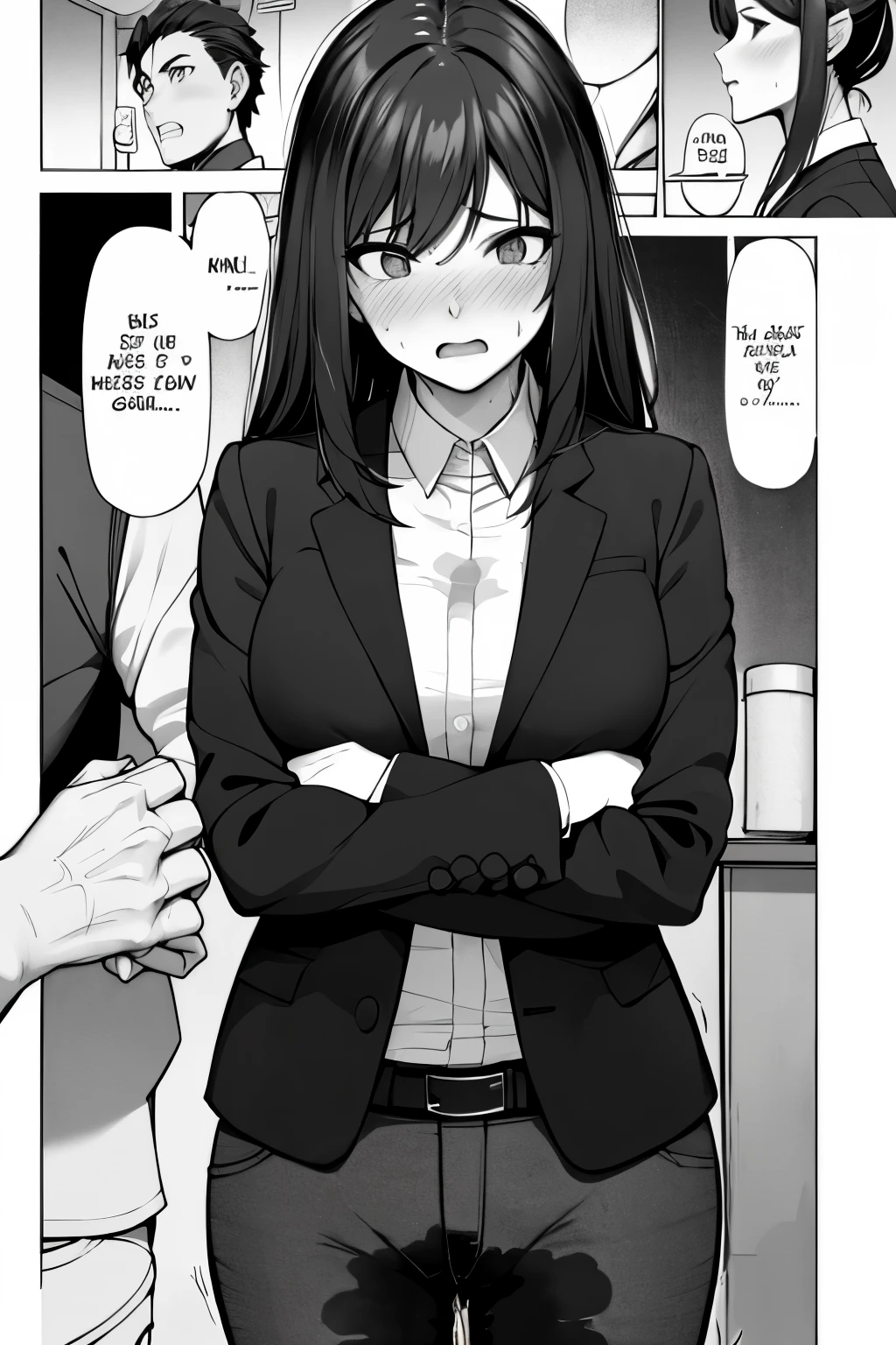 A woman with long black hair, wearing a business outfit consisting of a suit and tight pants, stands in a monochrome setting. The artwork is inspired by manga and incorporates a doujin style. The woman appears to be (wetting herself:1.5), which causes her to feel embarrassed and humiliated, resulting in a blush on her face. In addition, there is an air of anger in her expression. The lighting in the scene is moody, with a spotlight highlighting the woman's figure. She is crossing her arms, (arms crossed:1.5), fully showcasing tight pants., medium breasts