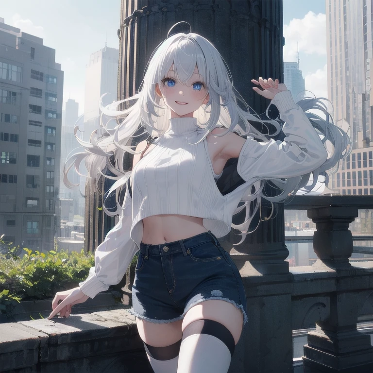 (Masterpiece, Best quality, ultra high resolution), 1 girl, Silver hair, Pale skin, Beautiful detailed face, Detailed eyes, posing on a, On a white background, Dynamic lighting, dynamic shadowing, looking at viewer, White stone punk fashion,(Posing for a photo),((White clothes)), (((black thigh highs))), ((jean shorts, skirt)), white sweater, ((Blue eyes)), happy, smiling, black straps, black strap design, ((Long white hair)), energetic, cheerful, cityscape background