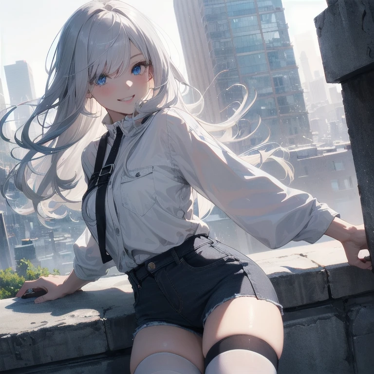 (Masterpiece, Best quality, ultra high resolution), 1 girl, Silver hair, Pale skin, Beautiful detailed face, Detailed eyes, posing on a, On a white background, Dynamic lighting, dynamic shadowing, looking at viewer, White stone punk fashion,(Posing for a photo),((White clothes)), (((black thigh highs))), ((jean shorts, skirt)), white sweater, ((Blue eyes)), happy, smiling, black straps, black strap design, ((Long white hair)), energetic, cheerful, cityscape background