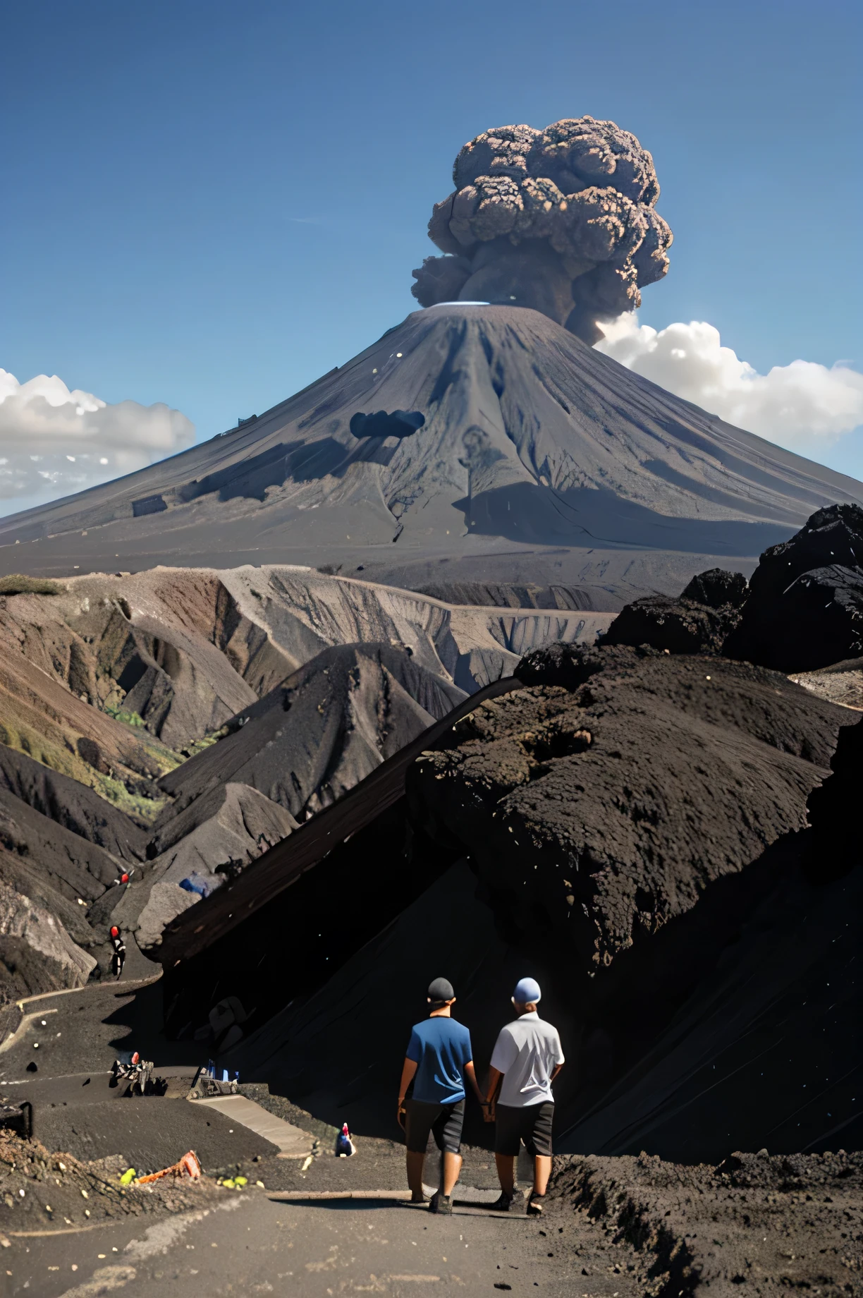 people amid active volcano catastrophe