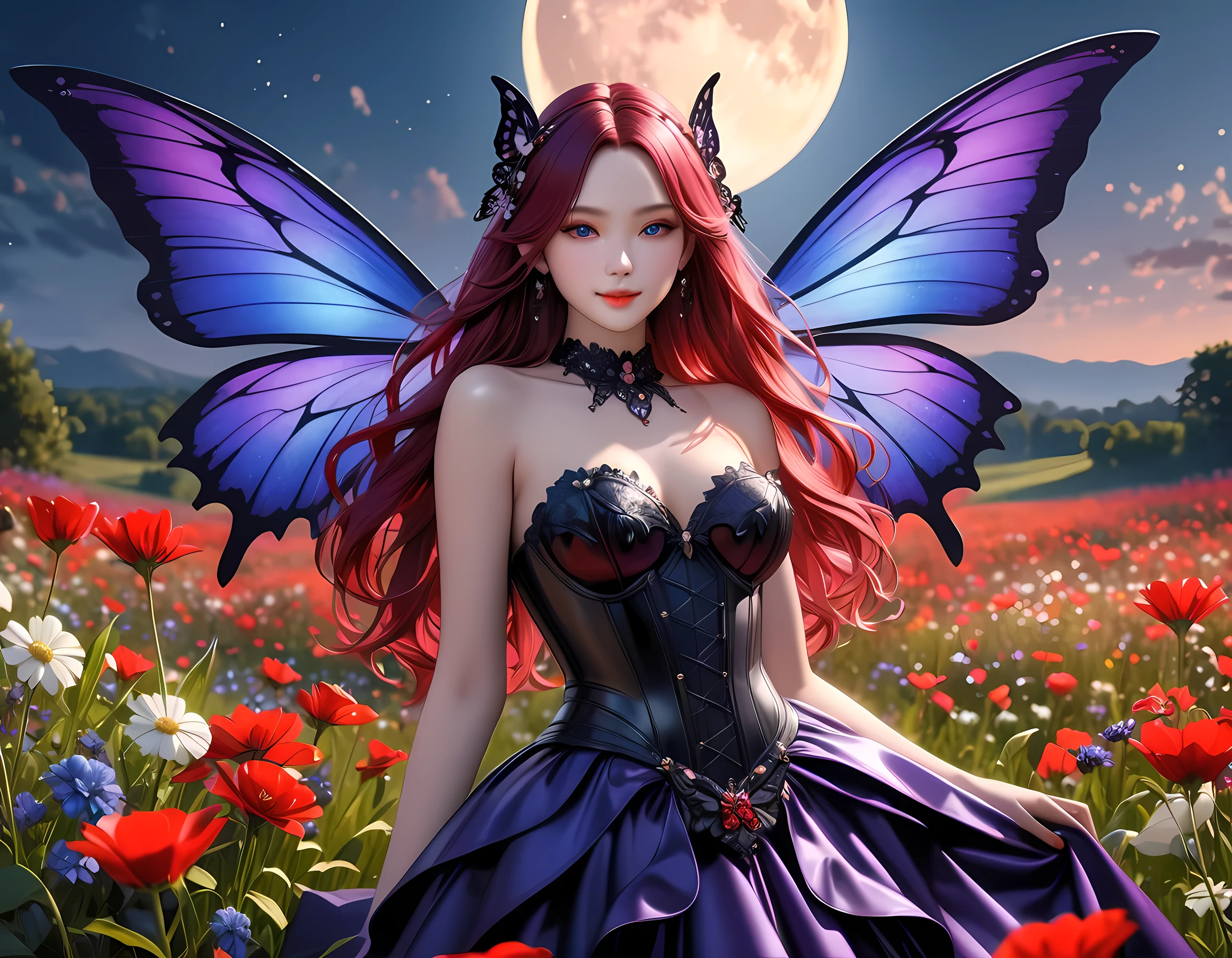 high details, best quality, 16k, RAW, [best detailed], masterpiece, best quality, (extremely detailed), full body, ultra wide shot, photorealistic, dark fantasy art, goth art, RPG art, D&D art, a picture of a dark female fairy resting in a flower meadow, extremely beautiful fairy, ultra feminine (intense details, Masterpiece, best quality), best detailed face (intense details, Masterpiece, best quality), having wide butterfly wings, spread butterfly wings (intense details, Masterpiece, best quality: 1.3), (purple: 1.5)  colors wings (intense details, Masterpiece, best quality), (dark red) hair, long hair, shinning hair, flowing hair, shy smile, innocent smile, (blue: 1.3) eyes, dark blue lips, wearing (white: 1.3) dress latex corset (intense details, Masterpiece, best quality), dynamic elegant shirt, chocker, wearing (red: 1.3) high heels, in various shades of red colored flower meadow (intense details, Masterpiece, best quality), (red flowers: 1.2) , (black flowers: 1.2), (white flowers: 1.2), (blue flowers: 1.3) [extreme many flowers] (intense details, Masterpiece, best quality), dark colorful flowers (intense details, Masterpiece, best quality), flower meadow in a dark goth field background, night time, moon rising, dim light, cinematic light, High Detail, Ultra High Quality, High Resolution, 16K Resolution, Ultra HD Pictures, 3D rendering Ultra Realistic, Clear Details, Realistic Detail, Ultra High Definition, #chinese cloth, dungeons and dragons, DonMDr4g0nXL