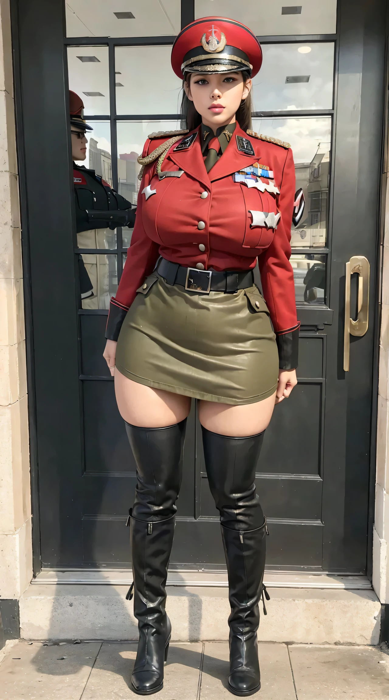 physically-based rendering, 1girl, Female soldier, (huge fake breasts:1.2), (street:1.5), sexy muscular body, slim waist, big buttocks, (Full body:1.3), walking, (skintight army skirt), (red military jacket uniform:1.3).