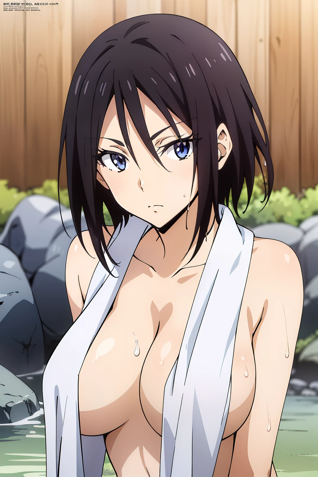 (anime cels style, Masterpiece, best quality, high resolution, anime colored, megami magazine:1.2, anime poster style, anime keyvisual, sharp, 8k, photorealistic), (beautiful eyes:1.5), sakaguchihinata\(ttigraas\), 1girl, cute, black hair, very short hair, large breast, cleavage, nude, (wet Towel over breasts:1.2), (upper body, sitting), (perfect detailed anatomy, perfect arms, perfect fingers, beautiful face, perfect body, shiny skin), onsen, wet