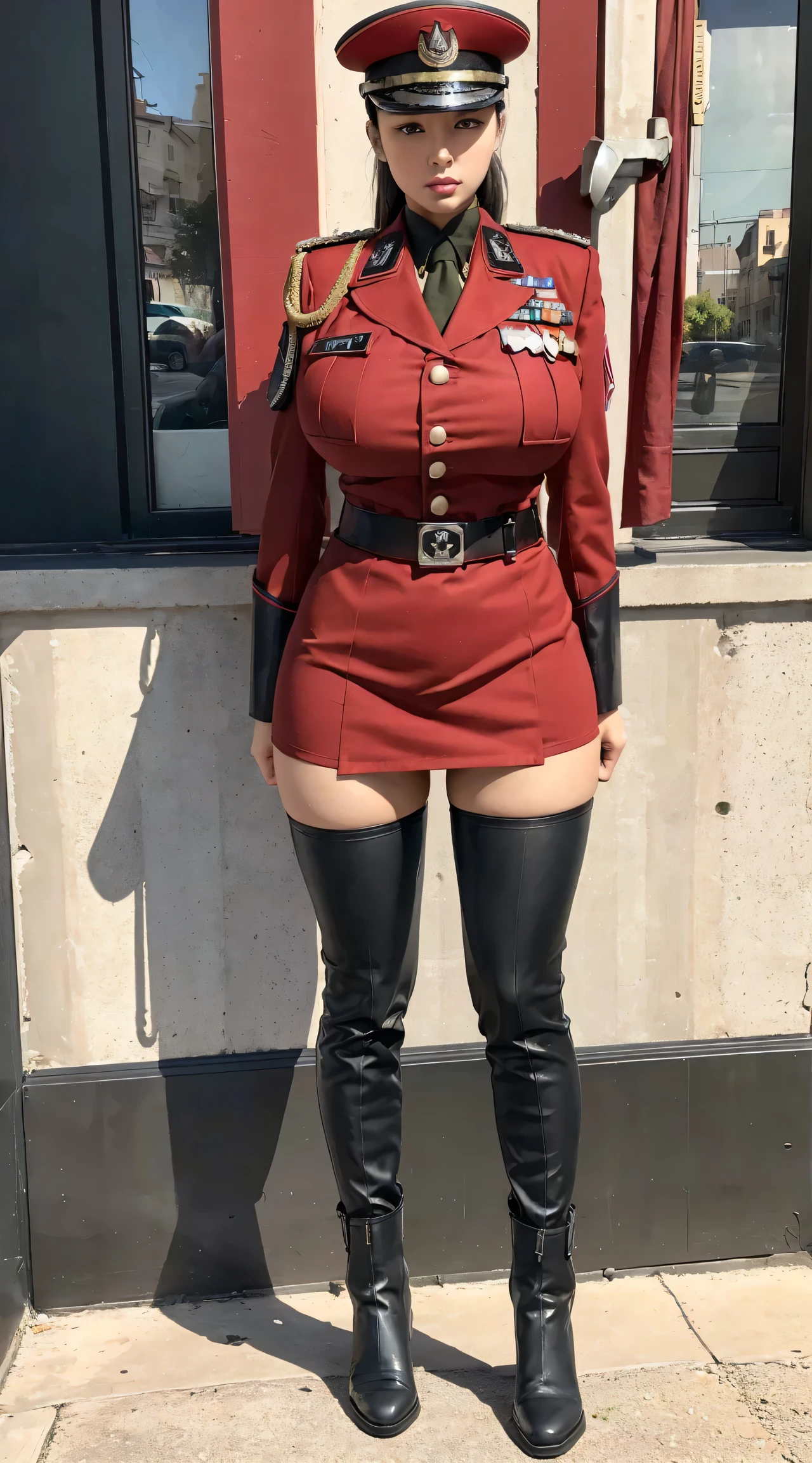 physically-based rendering, 1girl, Female soldier, (huge fake breasts:1.2), (street city), sexy muscular body, slim waist, big buttocks, (Full body:1.3), walking, (skintight army skirt), (red military uniform:1.3).