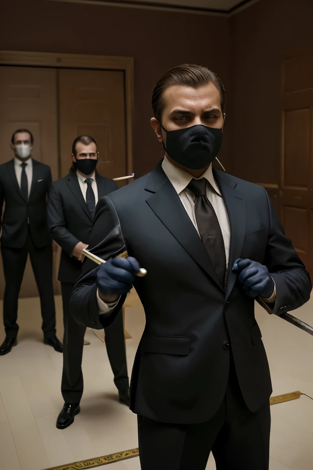 obra de arte, melhor qualidade, extremamente detalhado, hiperrealista, fotorrealista, a man in a suit with a katana in his hands while several masked men in suits stand behind him 
