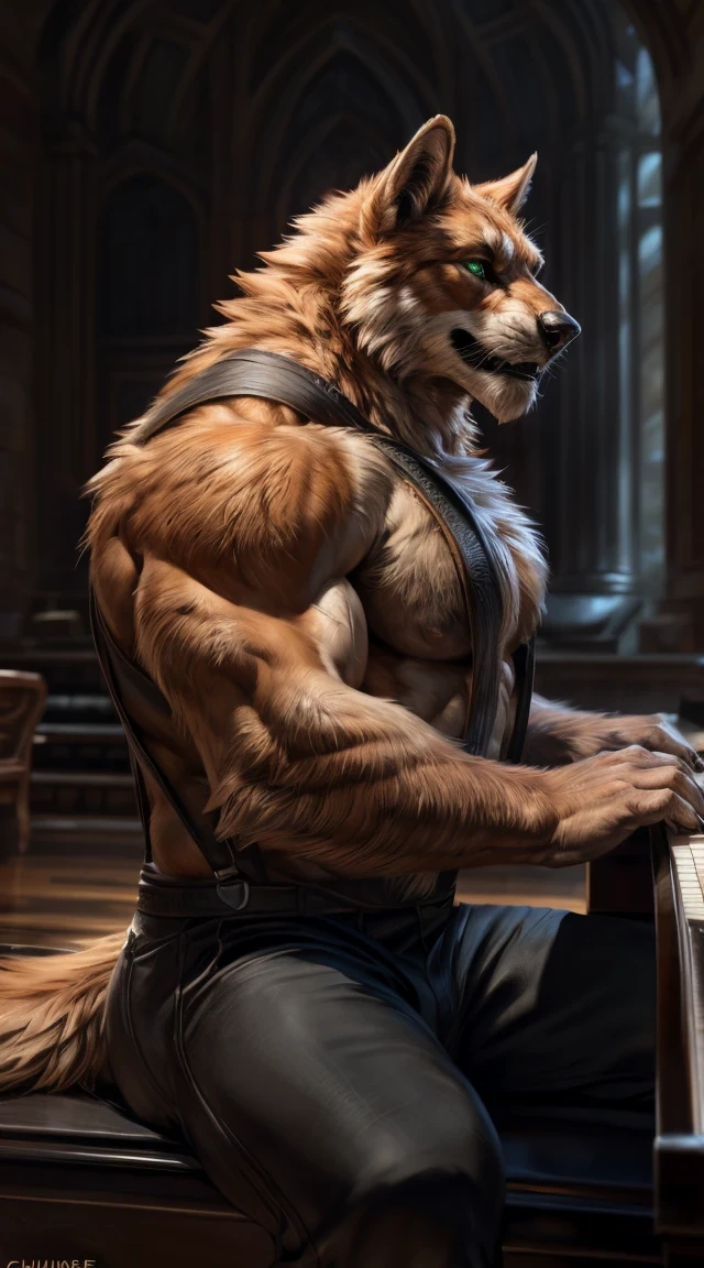 4k, high resolution, best quality, perfect colors, perfect shadows, perfect lighting, ((full bodyportrait)), posted on e621, furry body, solo, anthro orange werewolf, (monotone orange fur:1.3), male, black beard, white chest fur, adult (using black pants, using suspenders, no shirt), (heavily muscular, manly, brutal, masculine:1.4), green eyes, realistic eyes, masculine, (muscular, dense build:1.4, muscular shoulders, strong pecs), playing the piano, singing, sitting on a bench in front of the piano (Grand piano), hands in the piano, beautifull piano, realistic piano, piano in front, sitted, sit down, majestic, brutal, confident, podium escenary, (photorealistic detailed fur, epic, masterpiece:1.2), (by Taran Fiddler, by Chunie, by Rukis, Bonifasko lighting), claws on hands, (photorealistic fur, detailed fur, epic, masterpiece:1.2), sexy shadows, (by echin, by Taran Fiddler, by takemoto arashi, by Traver009, by Juiceps), (detailed eyes:1.2), impressive physique, happy face, detailed eyes, 