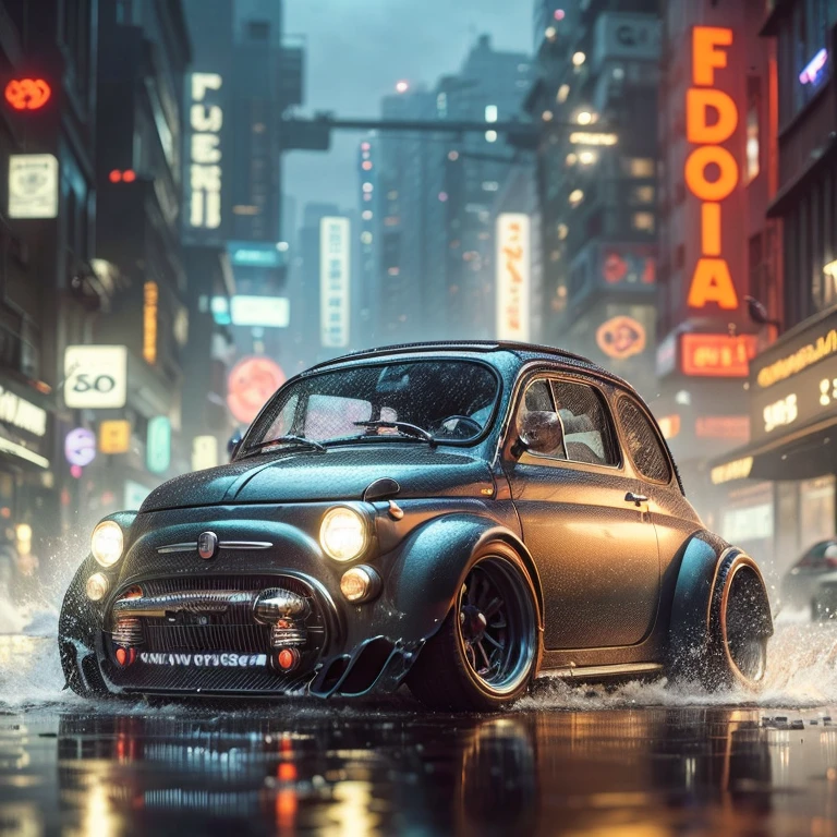 Fiat 500 Topolino muscle car from the 40s with modern modifications,velocidade muito alta, splashes and flying water drops,estacionado,capuz, (exotic headlightad-max, Motor V8, futurista, spoiler, noite, Luz natural, futurista city, Placas de neon, (Altamente detalhado), (Altamente detalhado background), Ao redor das rodas parece claro, vista lateral,several buildings in the background, texturas detalhadas,SDXL com canon eos R3