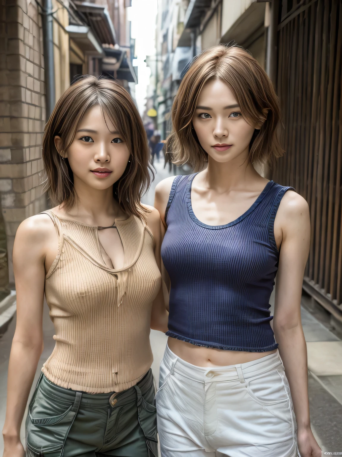 masterpiece、8K、32K、top-quality、(A detailed eye)、(A cute Japanese woman)、23years old、(2 girls in:1.3)、elegent、(Detailed background depiction)、Tank Top, BREAK (cargo shorts:1.3)、Japan alley、is standing、Sunlight、during daytime、(smile)、(cowboy shot),(braless:1.3),(slender body:1.5),(Brown short wavy pixie hair over one eye:1.3),cleavage,