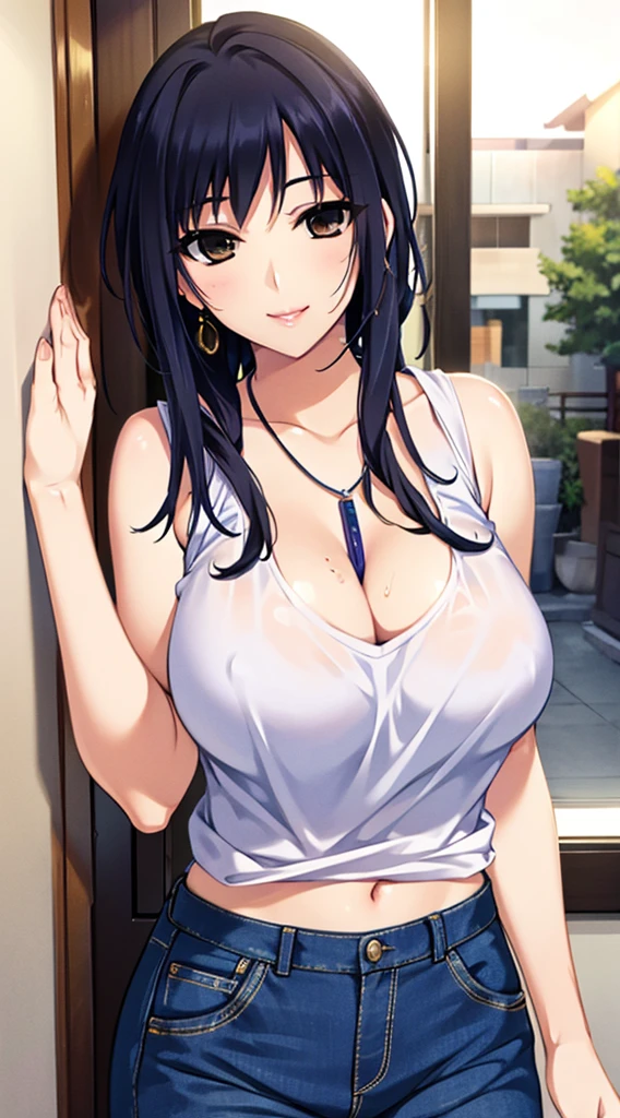 Izumi Wakoto / LOVELY×CATION2, masterpiece, best quality, a beautiful sexy mature lady posing for a photo by an open door while she wears a tight cut off top, 1woman, solo, denim, jeans, necklace, pants, sleeveless shirt, breasts, jewelry, cleavage, smile, navel, earrings