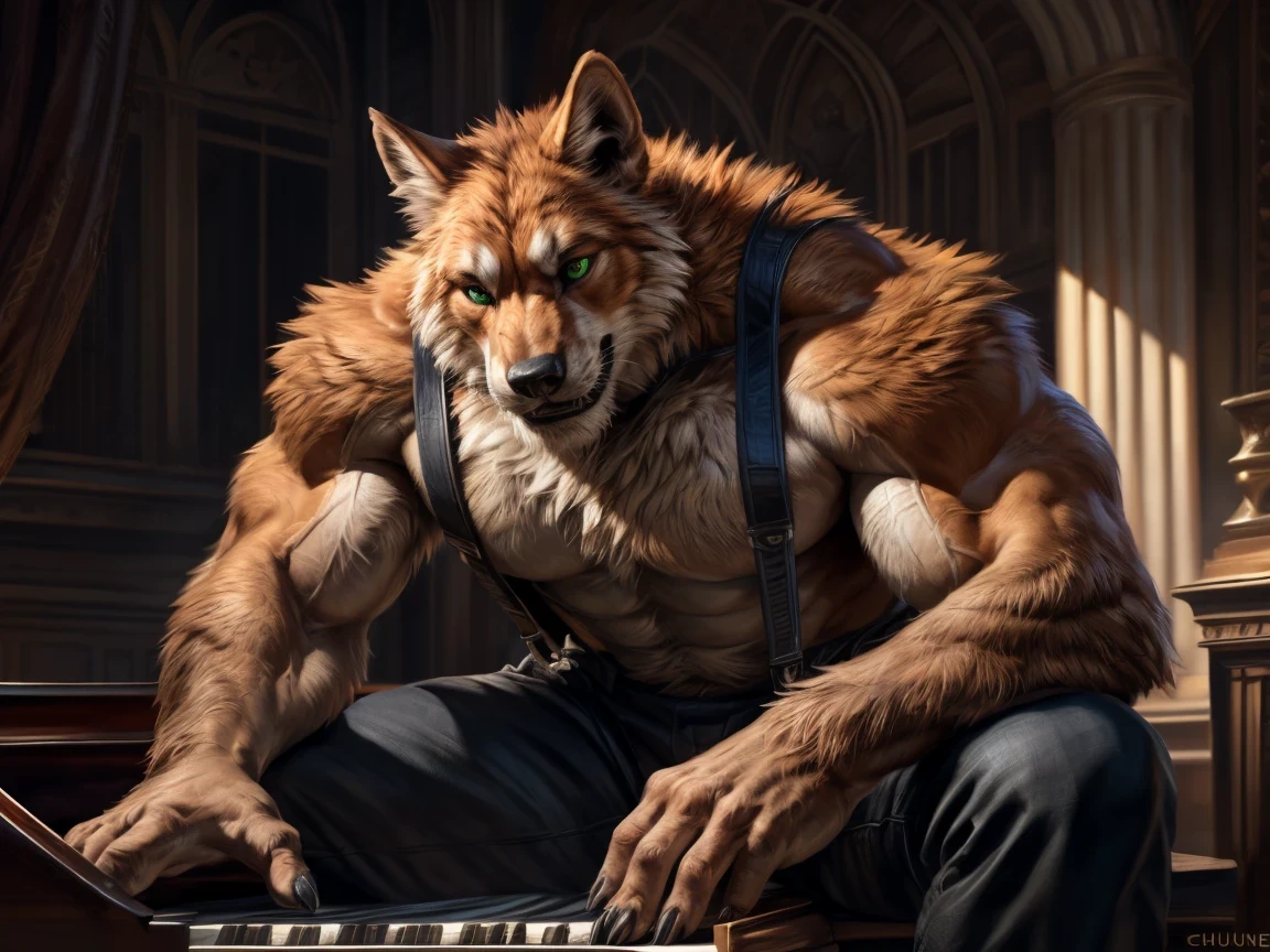 4k, high resolution, best quality, perfect colors, perfect shadows, perfect lighting, ((full bodyportrait)), posted on e621, furry body, solo, anthro orange werewolf, (monotone orange fur:1.3), male, black beard, white chest fur, adult (using black pants, using suspenders, no shirt), (heavily muscular, manly, brutal, masculine:1.4), green eyes, realistic eyes, masculine, (muscular, dense build:1.4, muscular shoulders, strong pecs), playing the piano, singing, sitting on a bench in front of the piano (Grand piano), hands in the piano, beautifull piano, realistic piano, piano in front, sitted, sit down, majestic, brutal, confident, podium escenary, (photorealistic detailed fur, epic, masterpiece:1.2), (by Taran Fiddler, by Chunie, by Rukis, Bonifasko lighting), claws on hands, (photorealistic fur, detailed fur, epic, masterpiece:1.2), sexy shadows, (by echin, by Taran Fiddler, by takemoto arashi, by Traver009, by Juiceps), (detailed eyes:1.2), impressive physique, happy face, detailed eyes, 