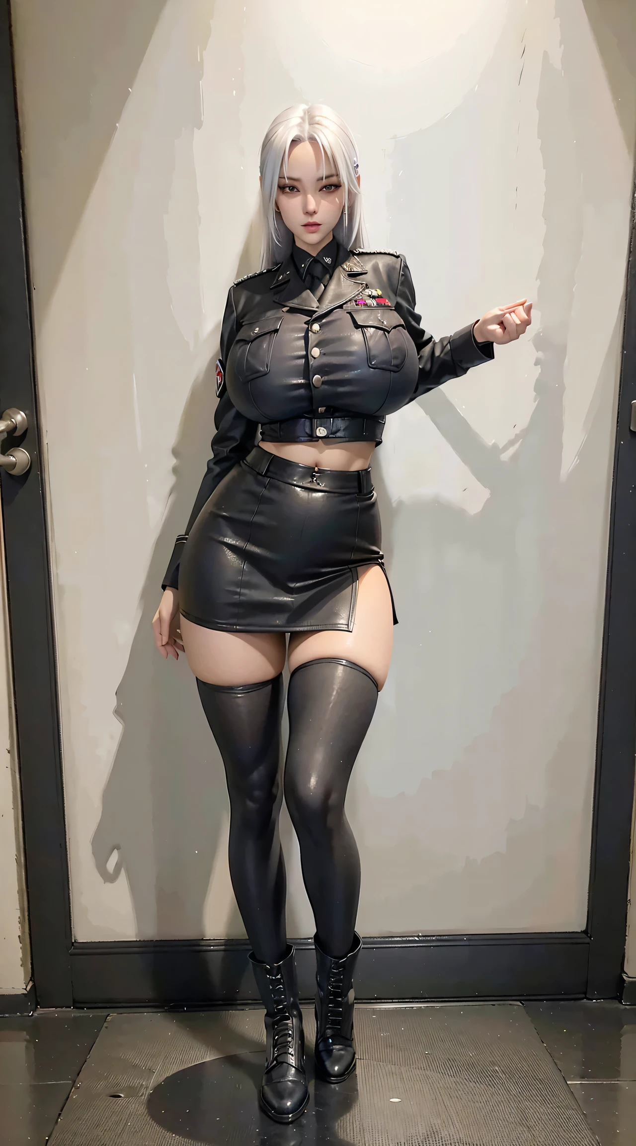 physically-based rendering, 1girl, white hair, Female soldier, (huge fake breasts:1.2), sexy muscular body, slim waist, big buttocks, (Full body:1.3), skintight army military crop top uniform, short military skirt uniform, black stocking.