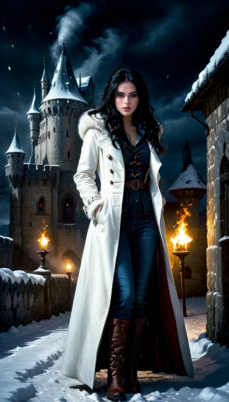 1girl, woman with long streight black hair in white medieval winter male overcoat, white clothing, fur trim, fur hood, leather boots, snow-covered ground, icy breath, dimly lit castle, chilling wind, flickering torches, heavy snowfall, gloomy atmosphere, dark shadows, vintage texture, high contrast, dramatic lighting, detailed, realsitic, Cinematic Hollywood Film